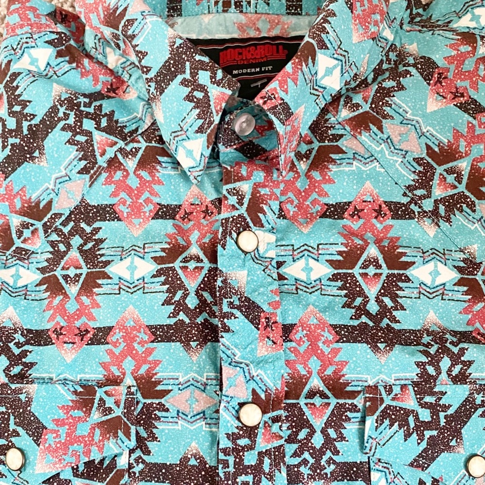 Men’s Rock & Roll Denim Modern Fit Aztec Design Pearl Snap Longsleeve Shirt - Picture 4 of 11